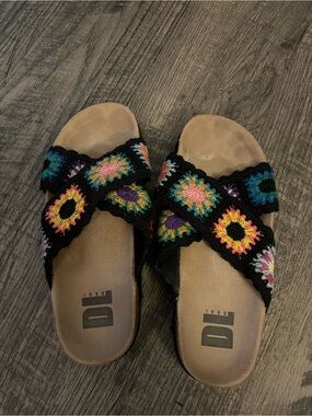Black Crochet Cross-Strap Slide Sandals with Multicolor Accents